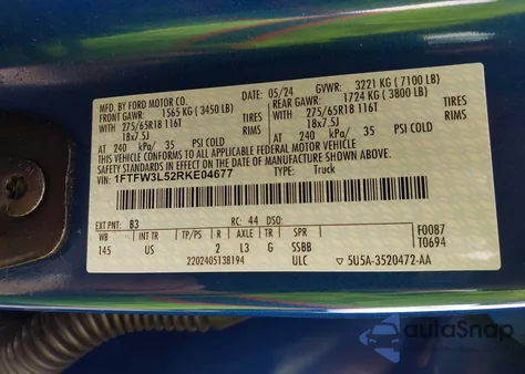 2024 Ford F-150 Xlt из США, поврежденный, VIN 1FTFW3L52RKE04677